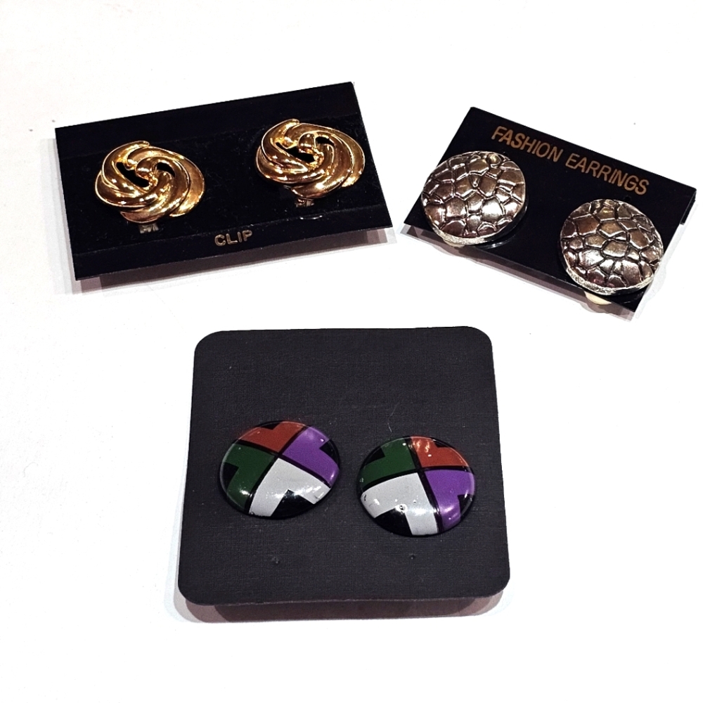 Costume Jewelry Clip Earrings Lot 3 Pair Gold Silver Tone Multicolored READ